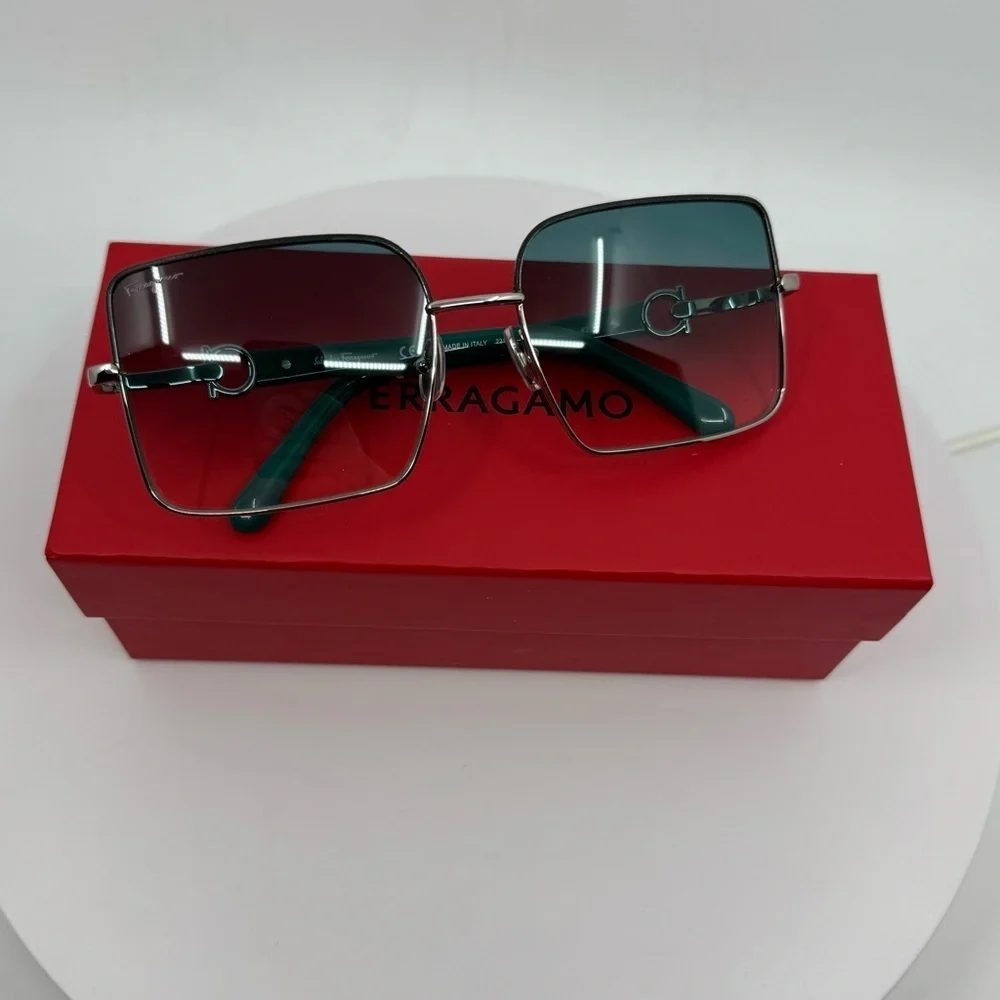 NEW! Salvatore Ferragamo Rectangle Sunglasses Silver Frame /Turquoise Gradient